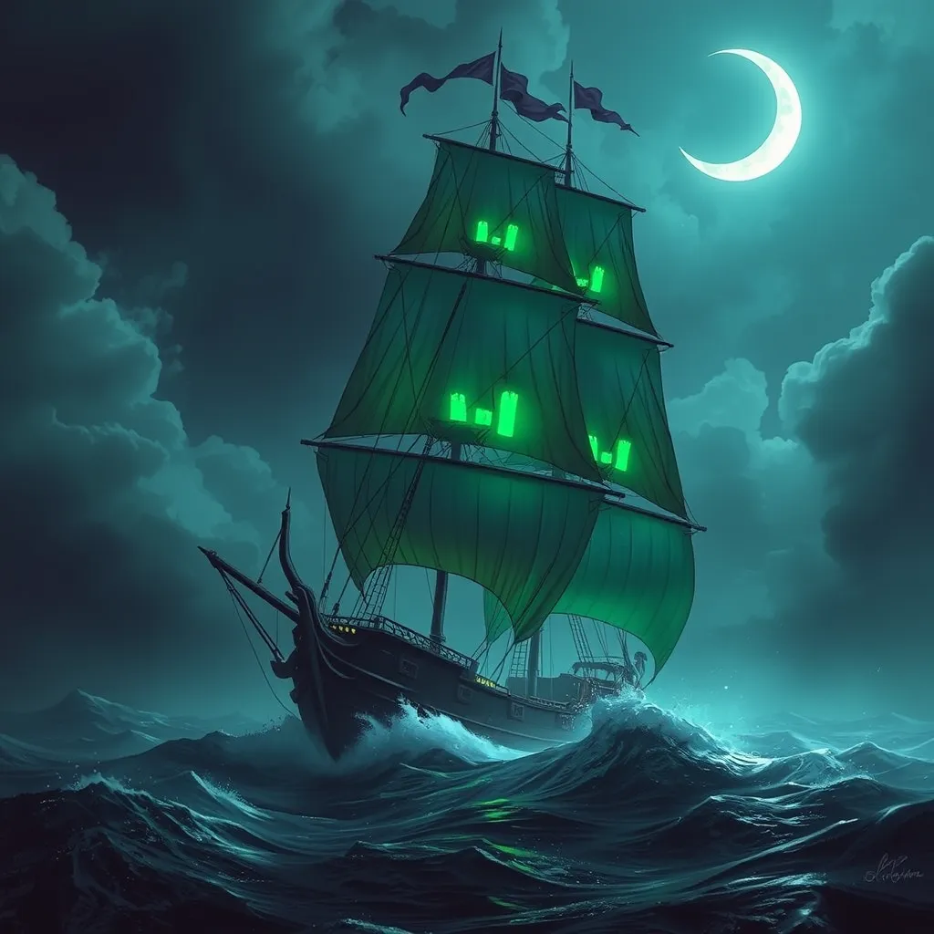 A ghost ship, sails tattered and glowing with eerie green light, sailing through a stormy sea under a crescent moon, digital art, fantasy, ominous