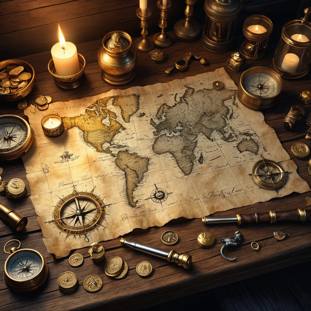 A treasure map spread out on a table lit by a single flickering candle, surrounded by pirate paraphernalia - cutlass, compass, spyglass, and gold coins, highly detailed, realistic