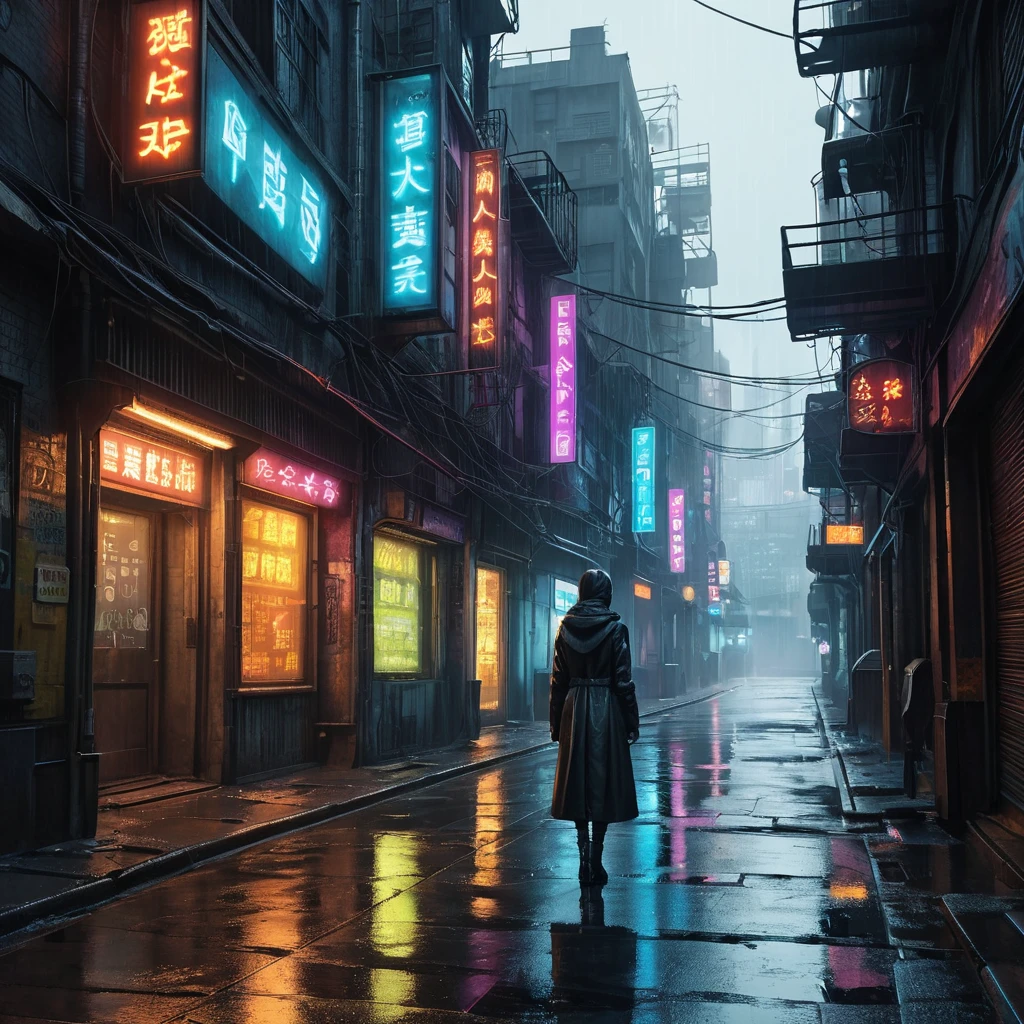 Deserted alleyway in a dystopian cyberpunk city, rain slick streets reflecting neon signs, steam rising from grates, flickering holographic advertisements, a lone figure silhouetted in the distance, a sense of loneliness and urban decay, cyberpunk art, dark and atmospheric