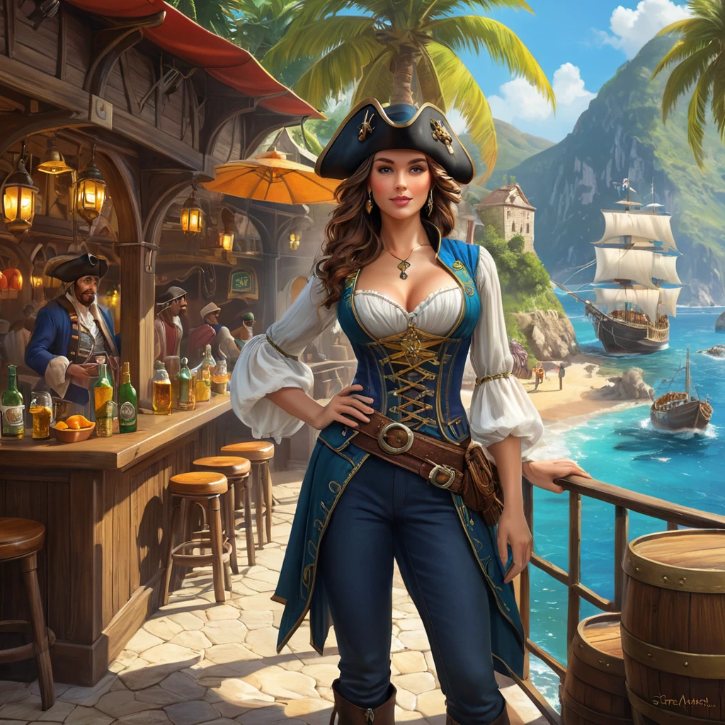 A bustling pirate cove, filled with taverns, ships, and pirates from all walks of life, vibrant colors, lively atmosphere, concept art