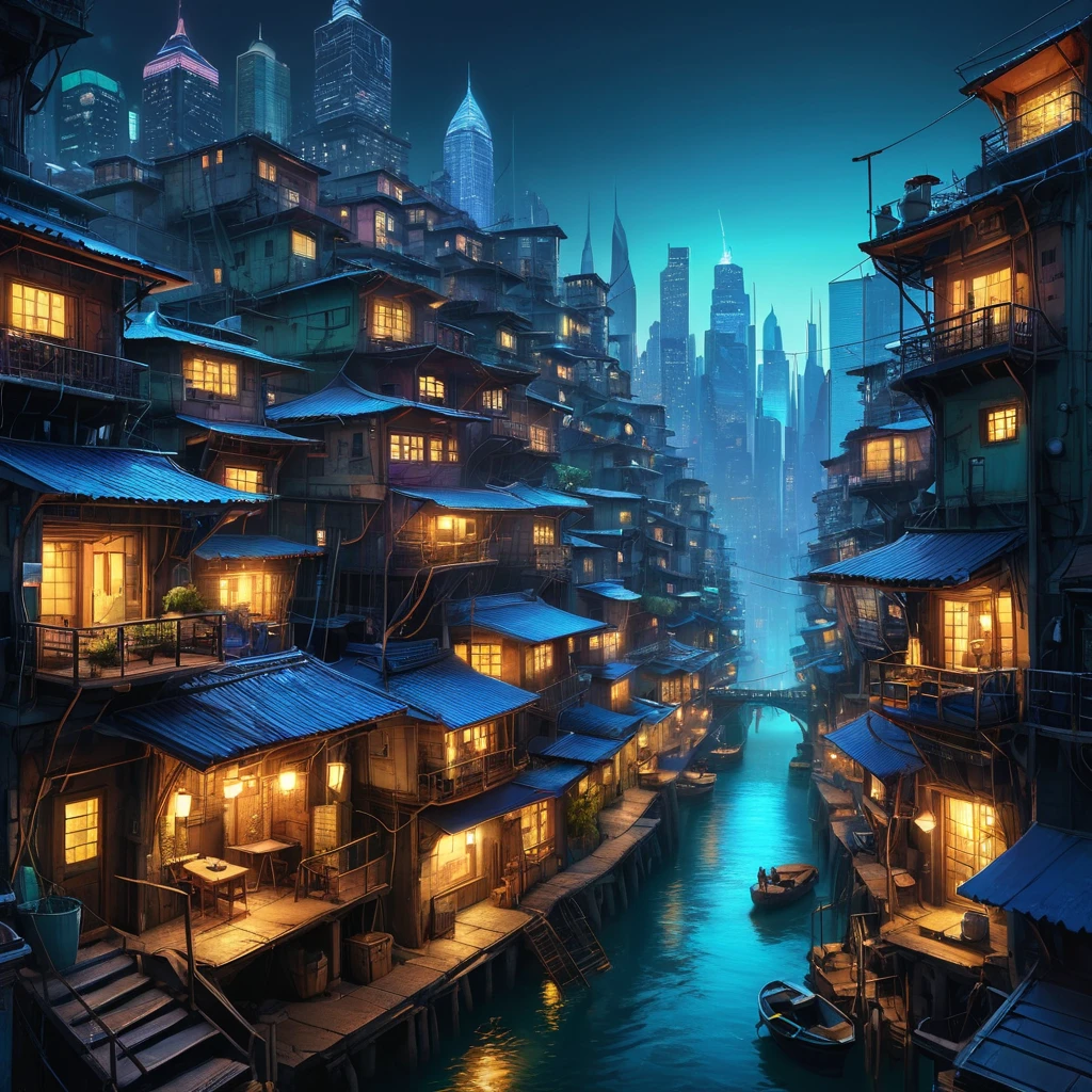 A sprawling shantytown built precariously on the edges of a towering, neon-drenched megacity, the chasm between rich and poor starkly illuminated by flickering streetlights and the glow of advanced technology, digital art