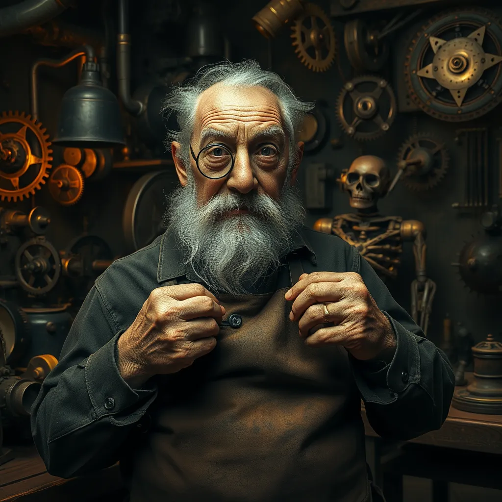 A grizzled old inventor in a dimly lit workshop, surrounded by gears, cogs, and strange contraptions. He wears a monocle and a leather apron, his hands stained with oil and grime. A mischievous glint in his eye, a half-finished automaton in the background. Steampunk, sepia tones, Rembrandt lighting.