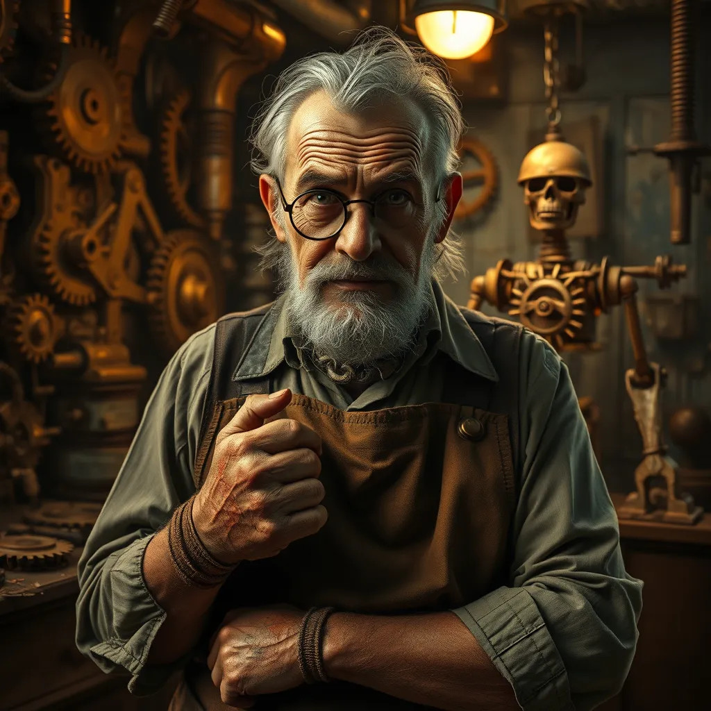 A grizzled old inventor in a dimly lit workshop, surrounded by gears, cogs, and strange contraptions. He wears a monocle and a leather apron, his hands stained with oil and grime. A mischievous glint in his eye, a half-finished automaton in the background. Steampunk, sepia tones, Rembrandt lighting.