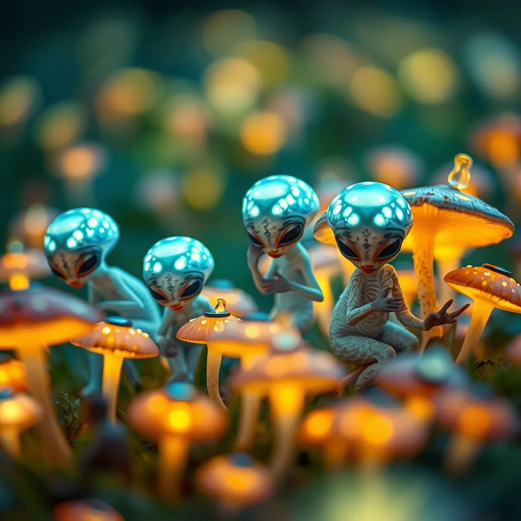 A group of bioluminescent baby aliens playing hide and seek in a field of glowing mushrooms, whimsical, dreamlike, soft focus