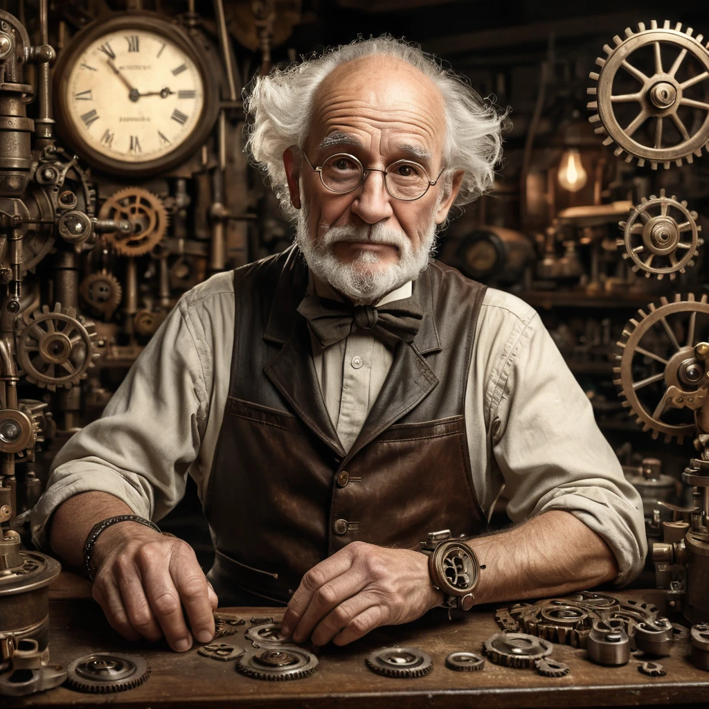 A grizzled old inventor in a dimly lit workshop, surrounded by gears, cogs, and strange contraptions. He wears a monocle and a leather apron, his hands stained with oil and grime. A mischievous glint in his eye, a half-finished automaton in the background. Steampunk, sepia tones, Rembrandt lighting.