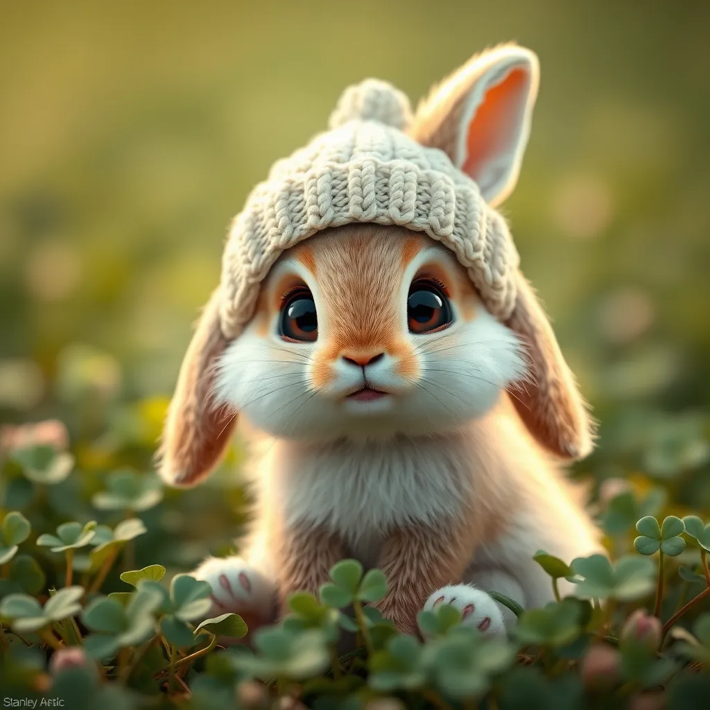 A fluffy baby bunny with big eyes, wearing a tiny knitted hat, sitting in a field of clovers, soft lighting, adorable, cute, pixar style