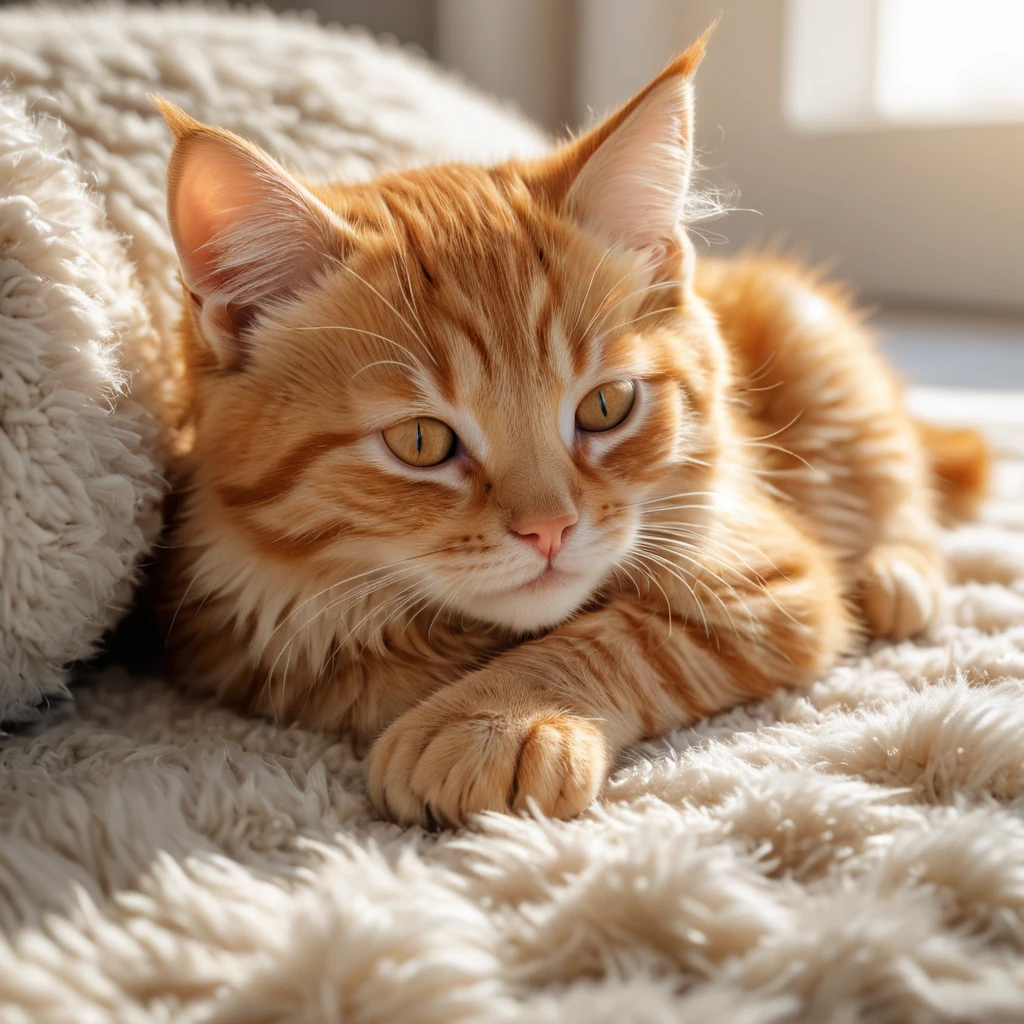 A sleepy orange tabby kitten curled up in a warm sunbeam on a fluffy rug, hyperrealistic, 8k, award-winning photography