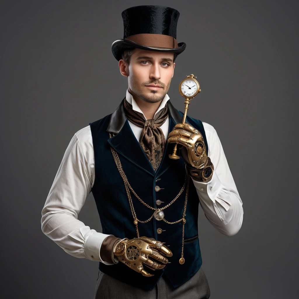 An elegant Victorian gentleman with a finely crafted prosthetic arm made of polished brass and copper. He holds a pocket watch that displays intricate gears instead of numbers. Dressed in a velvet waistcoat and cravat, a top hat casting a shadow over his piercing gaze. Steampunk, cinematic lighting, Art Deco elements.