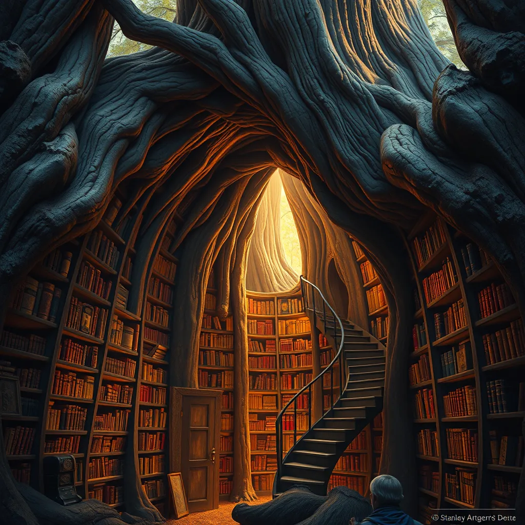 A solitary, ancient library carved into the heart of a giant sequoia tree, bathed in warm, golden light. Shelves overflow with ancient tomes bound in leather and illuminated manuscripts. A spiral staircase winds upwards, disappearing into the shadows of the treetop.