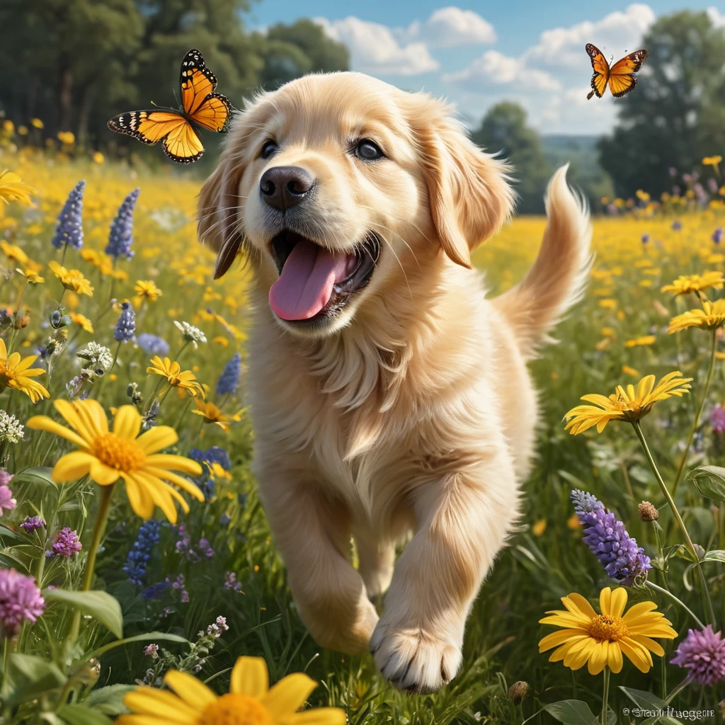 A playful golden retriever puppy with its tongue out, chasing butterflies in a field of wildflowers, whimsical, storybook illustration