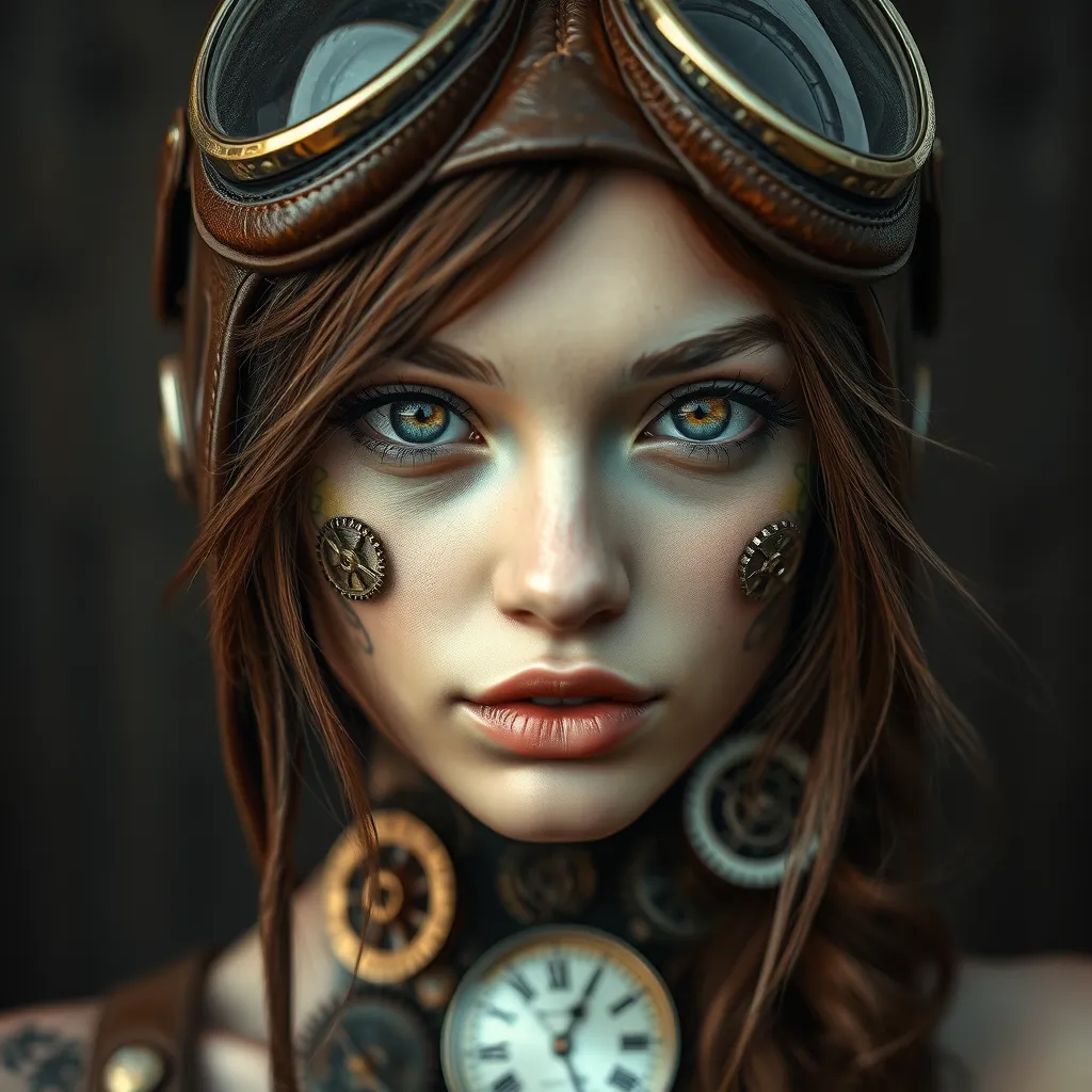 A portrait of a young woman with intricate clockwork gears embedded in her skin, her eyes glowing with a soft, ethereal light. She wears a leather aviator hat and goggles, her expression a mix of curiosity and determination. Steampunk aesthetic, highly detailed, vintage photography style.