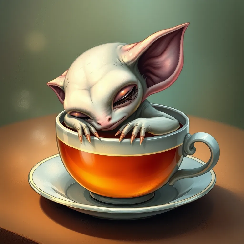 A sleepy alien with big, droopy ears curled up inside a cup of tea, cozy, warm colors, storybook illustration