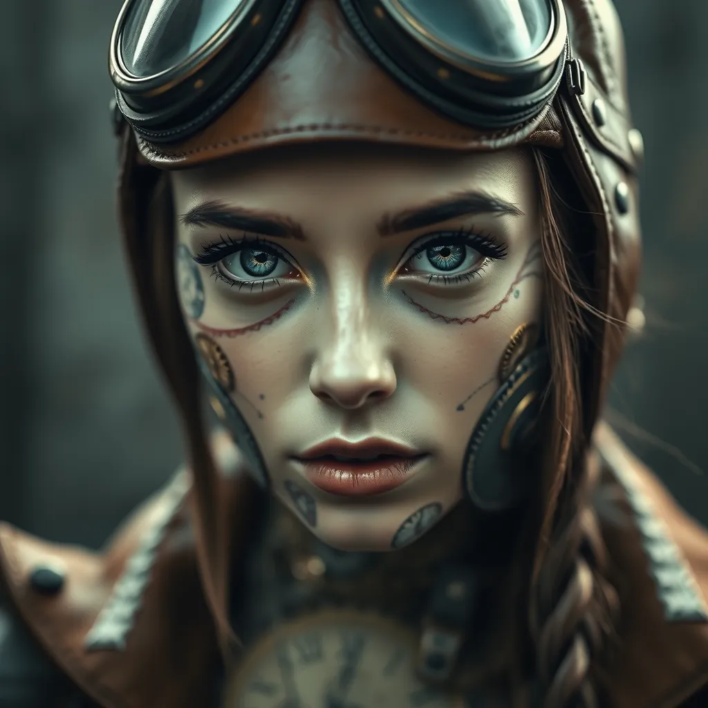 A portrait of a young woman with intricate clockwork gears embedded in her skin, her eyes glowing with a soft, ethereal light. She wears a leather aviator hat and goggles, her expression a mix of curiosity and determination. Steampunk aesthetic, highly detailed, vintage photography style.