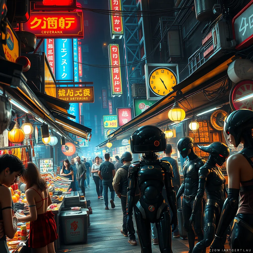 Cyberpunk street market at night, brightly lit stalls selling exotic goods and cybernetic enhancements, a diverse crowd of humans, aliens, and robots haggling over prices, vibrant colors and a sense of energy and excitement, cinematic lighting, detailed environment