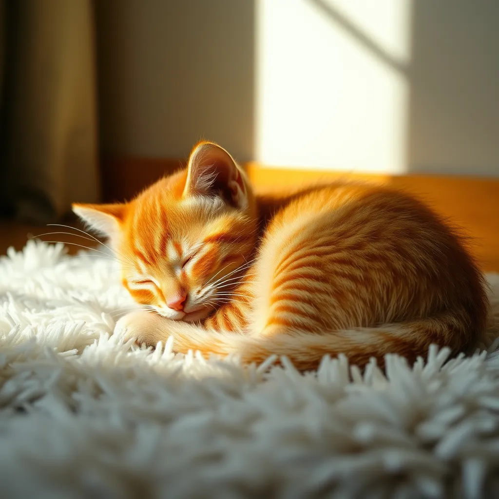 A sleepy orange tabby kitten curled up in a warm sunbeam on a fluffy rug, hyperrealistic, 8k, award-winning photography