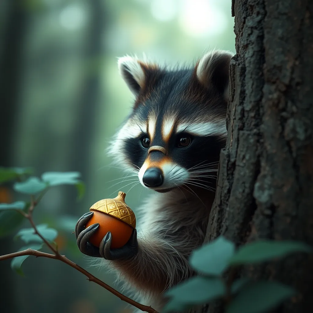 A mischievous raccoon wearing a tiny bandit mask, peeking out from behind a tree with a sparkling acorn in its paw, enchanting forest setting, soft focus