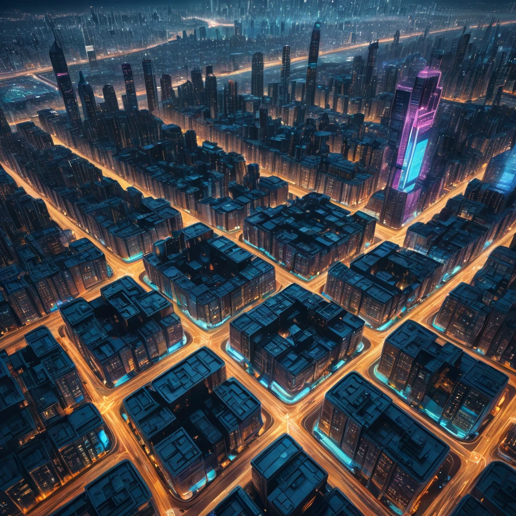 Aerial view of a sprawling cyberpunk city at night, glowing grid patterns of streets and buildings, flying vehicles weaving through the cityscape, holographic projections illuminating the sky, a sense of scale and technological advancement, futuristic architecture, 8k resolution