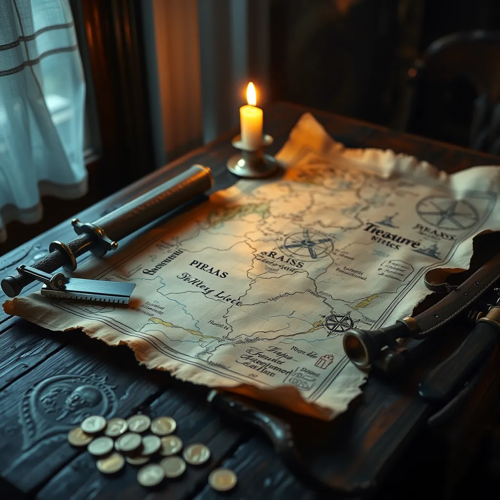 A treasure map spread out on a table lit by a single flickering candle, surrounded by pirate paraphernalia - cutlass, compass, spyglass, and gold coins, highly detailed, realistic