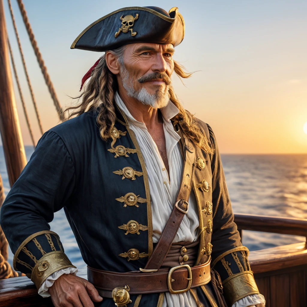 A weathered pirate captain with a gleaming gold tooth, eyepatch, and tricorn hat, standing on the deck of his ship at sunset, rendered in a hyperrealistic style