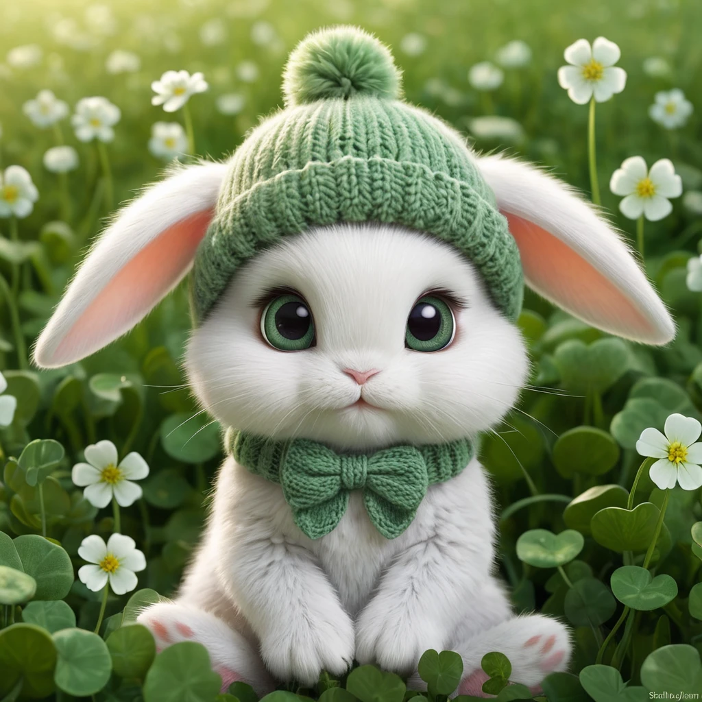 A fluffy baby bunny with big eyes, wearing a tiny knitted hat, sitting in a field of clovers, soft lighting, adorable, cute, pixar style