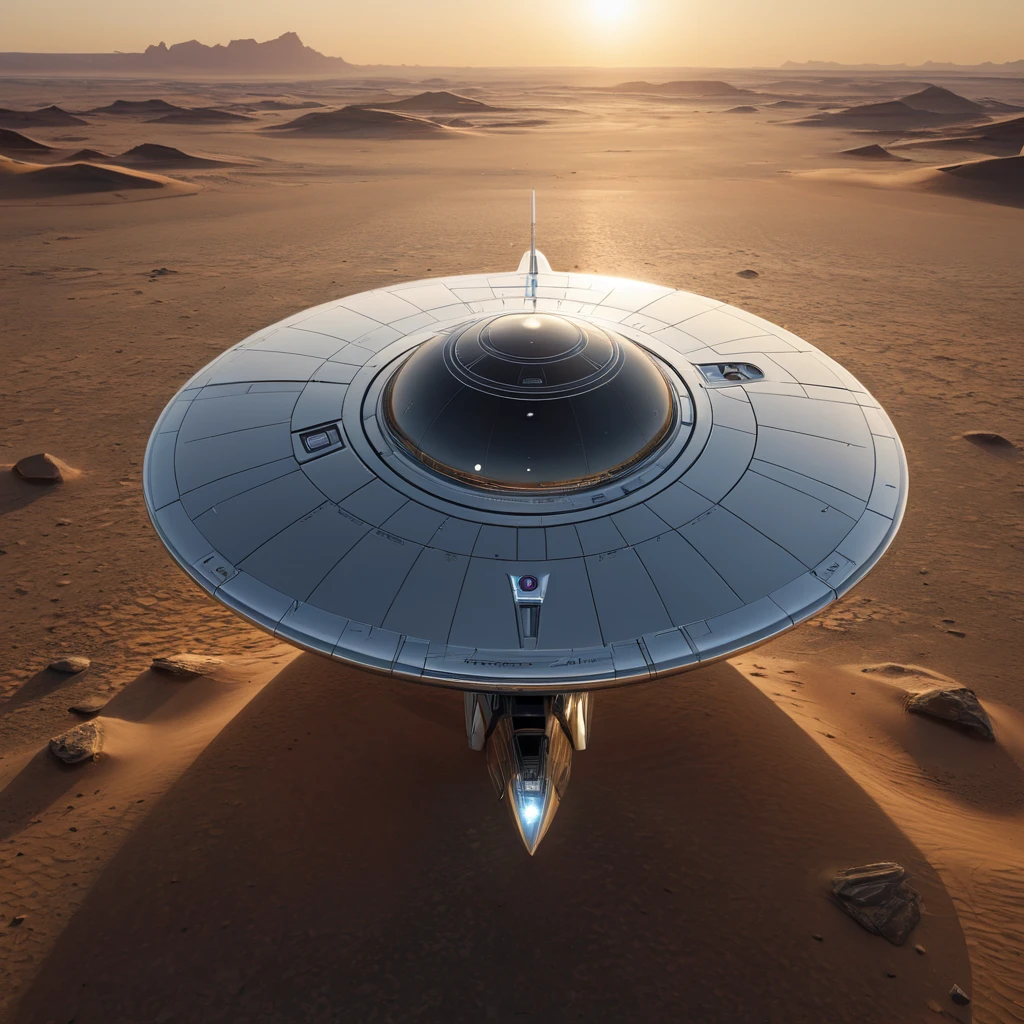 A sleek, chrome, disc-shaped spacecraft of unknown origin, hovering silently over a barren desert landscape, its surface reflecting the setting sun in a blinding flash.