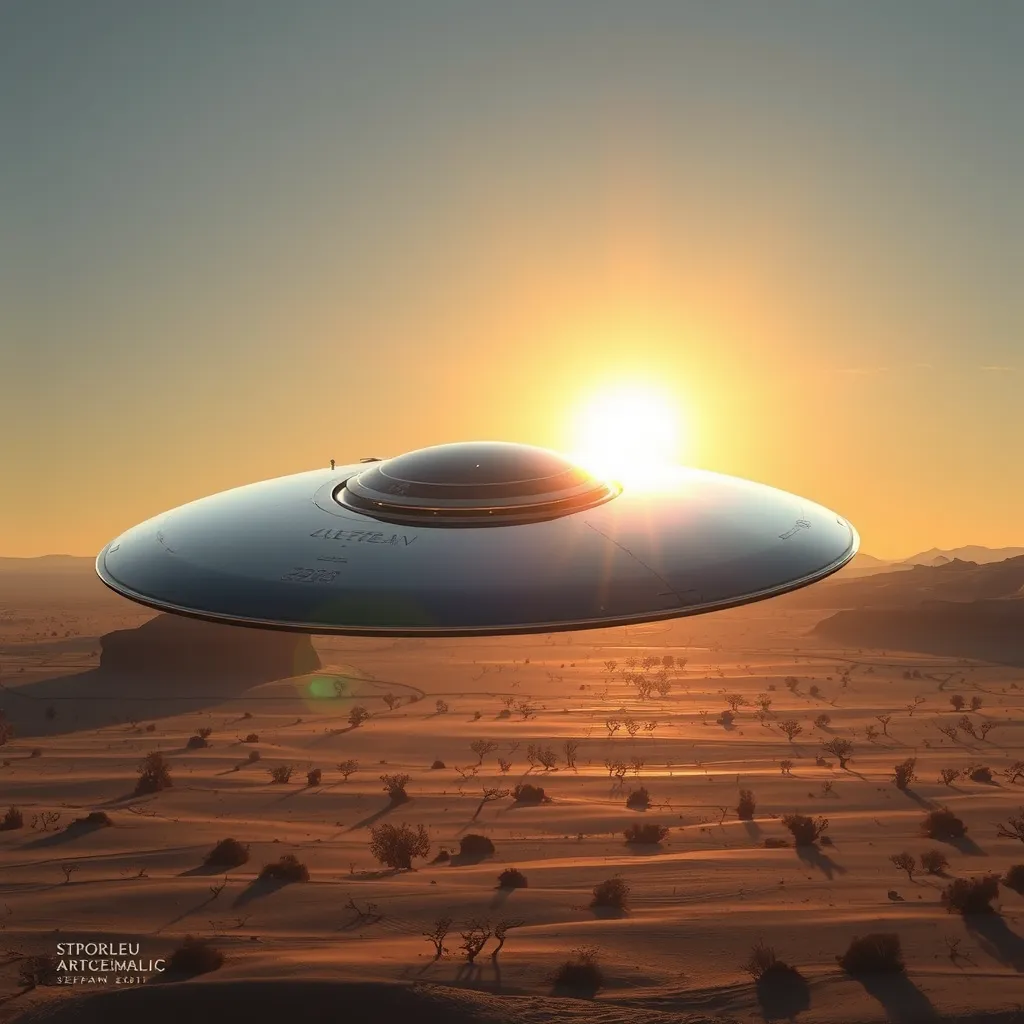 A sleek, chrome, disc-shaped spacecraft of unknown origin, hovering silently over a barren desert landscape, its surface reflecting the setting sun in a blinding flash.