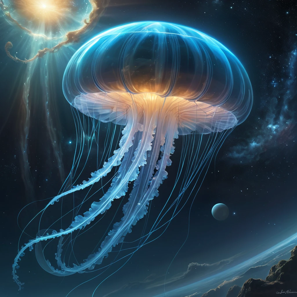 An immense, bioluminescent, jellyfish-like alien spacecraft, its translucent bell shimmering with ethereal light, trailing long, glowing tendrils as it navigates through a swirling nebula.