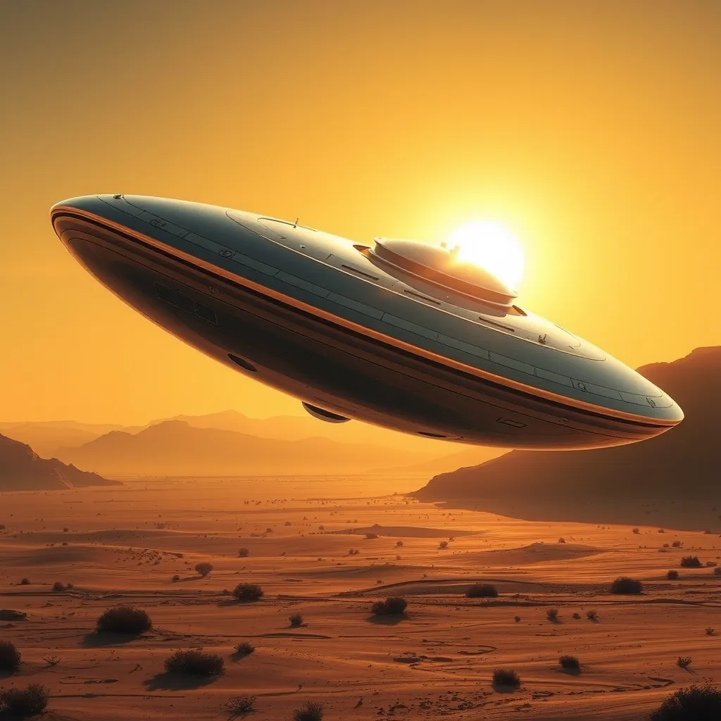 A sleek, chrome, disc-shaped spacecraft of unknown origin, hovering silently over a barren desert landscape, its surface reflecting the setting sun in a blinding flash.