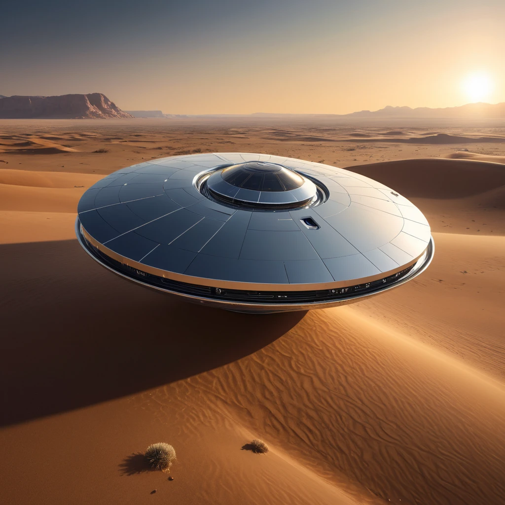 A sleek, chrome, disc-shaped spacecraft of unknown origin, hovering silently over a barren desert landscape, its surface reflecting the setting sun in a blinding flash.