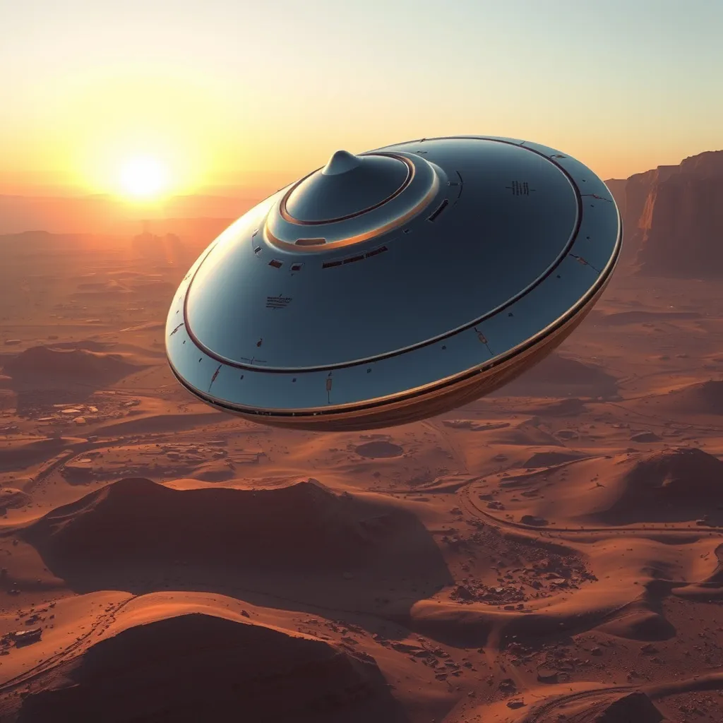 A sleek, chrome, disc-shaped spacecraft of unknown origin, hovering silently over a barren desert landscape, its surface reflecting the setting sun in a blinding flash.