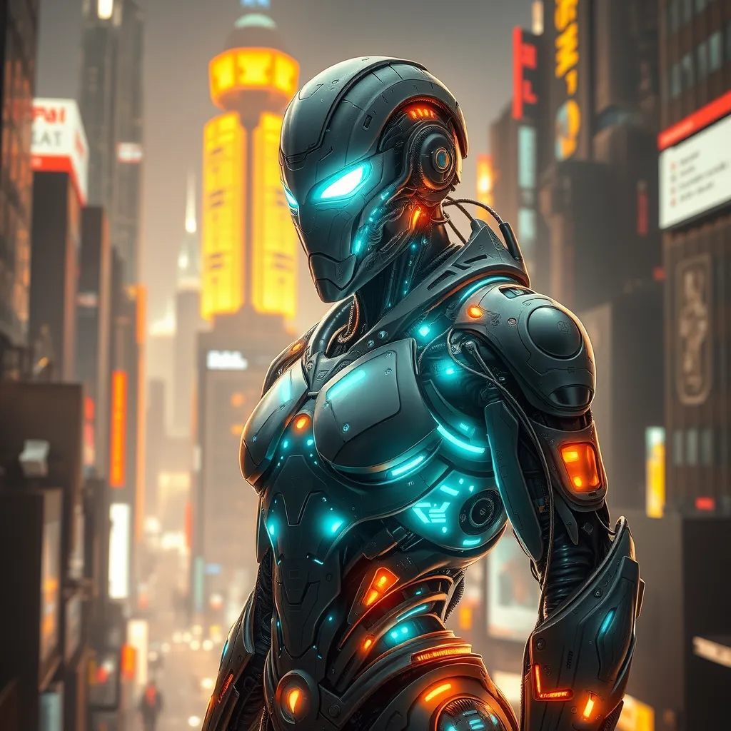 A stoic cyborg warrior, with intricate, glowing circuitry woven beneath their synthetic skin, stands amidst a futuristic cityscape, their augmented eyes reflecting the neon lights and holographic displays.