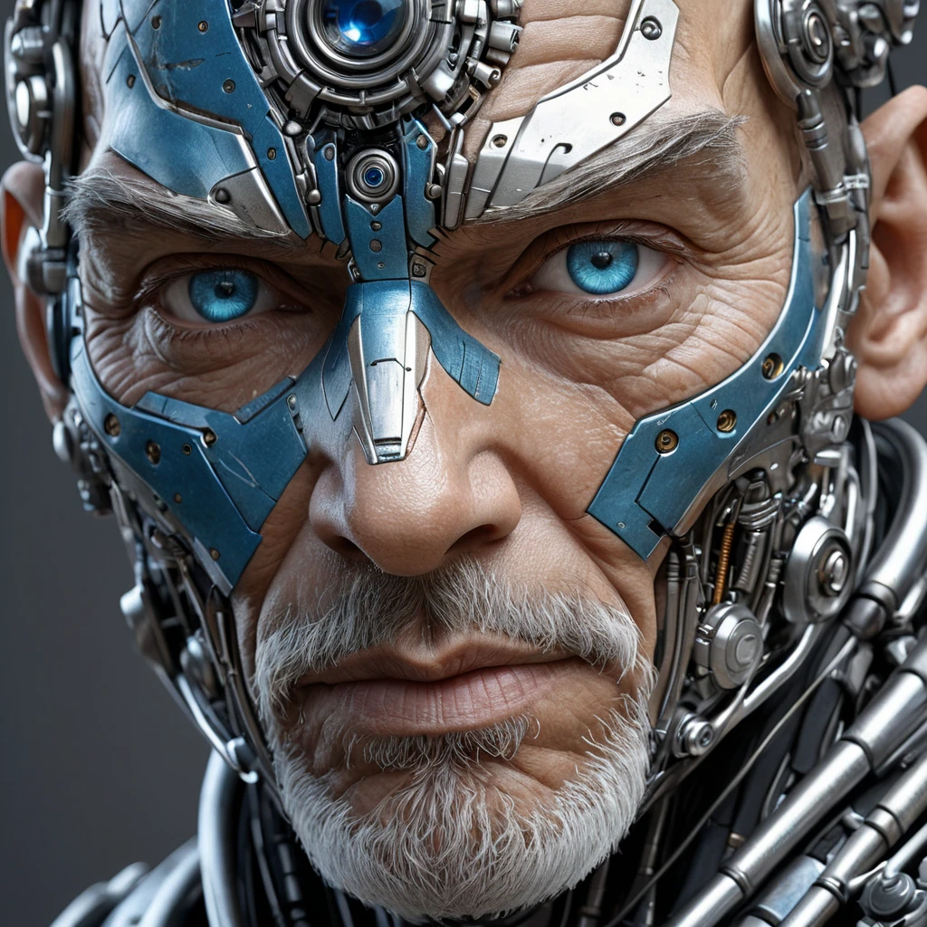 Close-up portrait of a weathered, grizzled cyborg, their face a patchwork of human skin and metallic plating, a single, piercing blue eye radiating wisdom and quiet power.