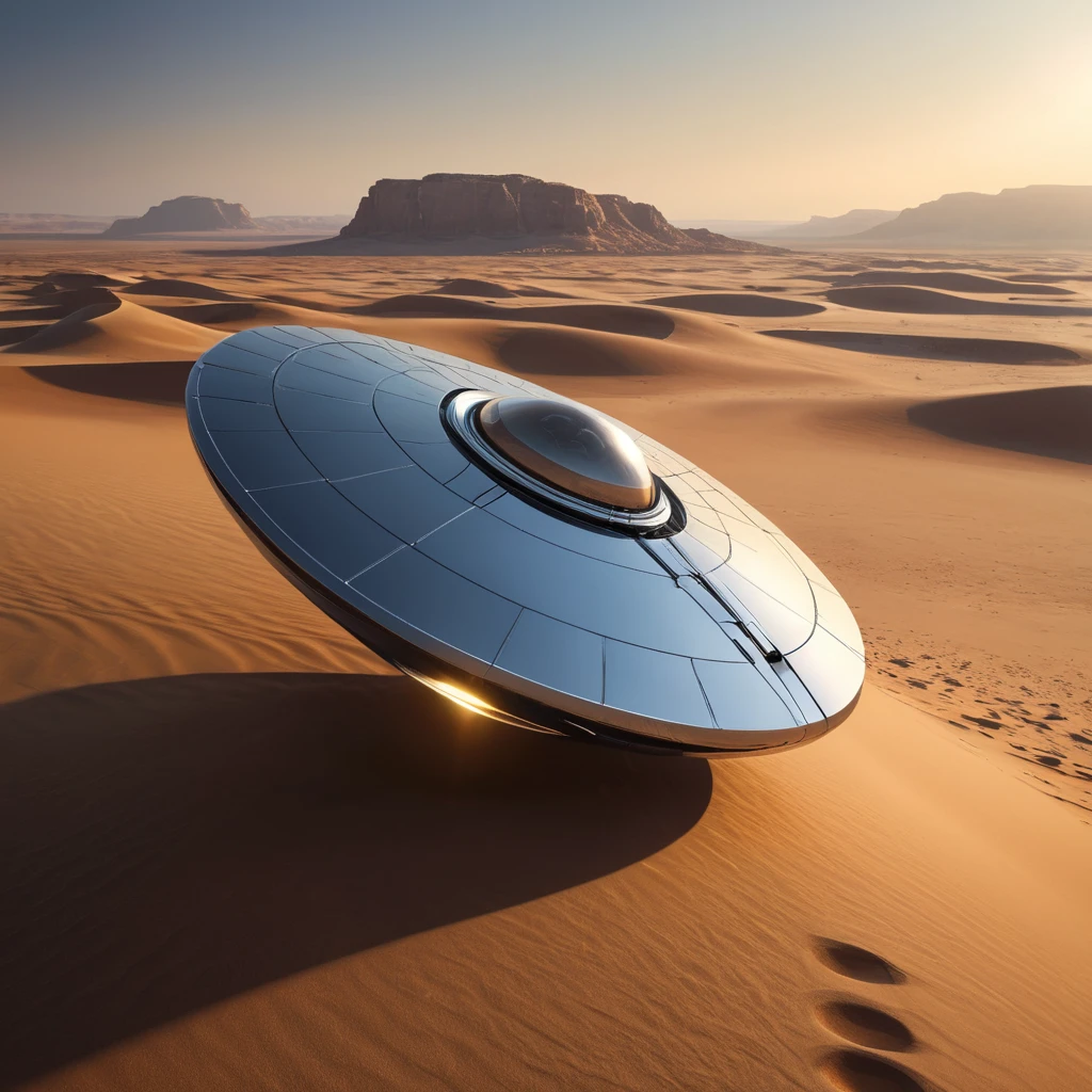 A sleek, chrome, disc-shaped spacecraft of unknown origin, hovering silently over a barren desert landscape, its surface reflecting the setting sun in a blinding flash.