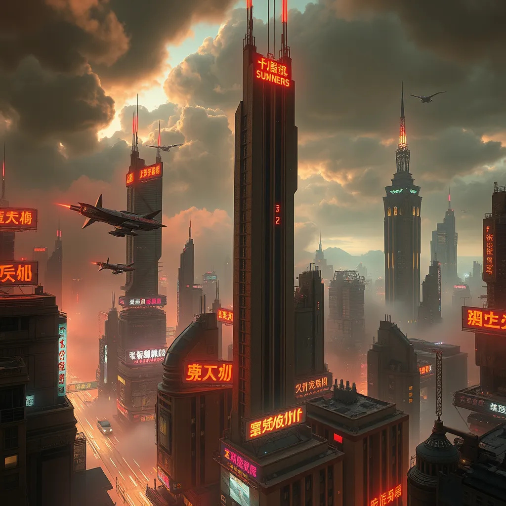 A cyberpunk cityscape on a distant planet, illuminated by neon signs in an alien language, with flying vehicles weaving between towering skyscrapers that pierce the cloudy atmosphere, rendered in a gritty, hyperrealistic style.