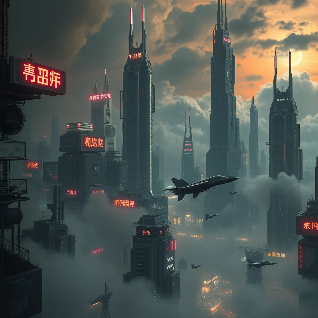 A cyberpunk cityscape on a distant planet, illuminated by neon signs in an alien language, with flying vehicles weaving between towering skyscrapers that pierce the cloudy atmosphere, rendered in a gritty, hyperrealistic style.