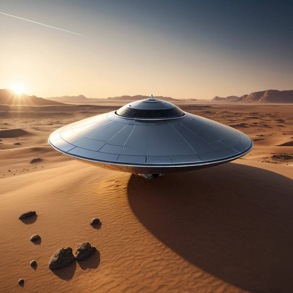 A sleek, chrome, disc-shaped spacecraft of unknown origin, hovering silently over a barren desert landscape, its surface reflecting the setting sun in a blinding flash.