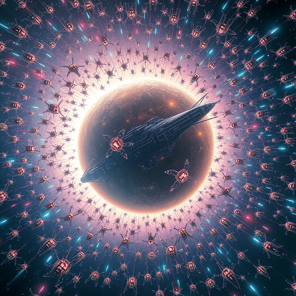 A swarm of thousands of tiny, crystalline, insect-like spacecraft, each emitting a pulsing, rainbow-hued light, forming a swirling vortex around a colossal, planet-sized mothership.