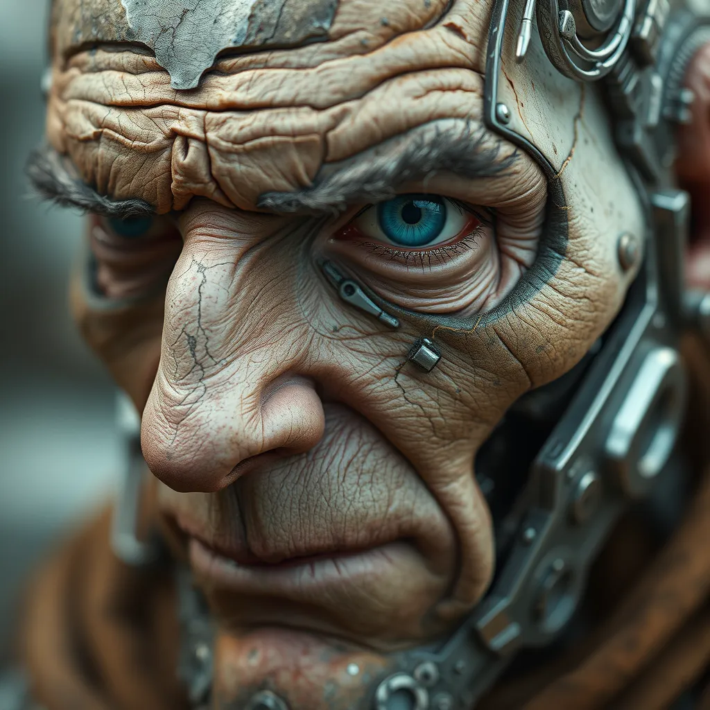 Close-up portrait of a weathered, grizzled cyborg, their face a patchwork of human skin and metallic plating, a single, piercing blue eye radiating wisdom and quiet power.