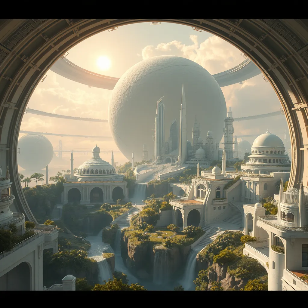 Inside a vast, crystalline dome, a utopian city thrives on a terraformed asteroid, featuring verdant parks, crystalline waterfalls cascading from floating islands, and sleek, white, futuristic architecture, all bathed in the soft, golden light of an artificial sun.