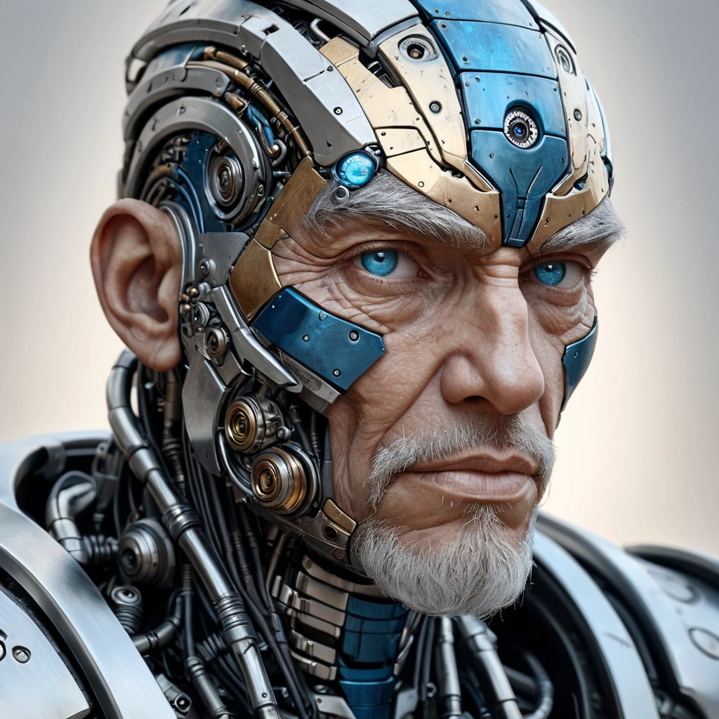 Close-up portrait of a weathered, grizzled cyborg, their face a patchwork of human skin and metallic plating, a single, piercing blue eye radiating wisdom and quiet power.