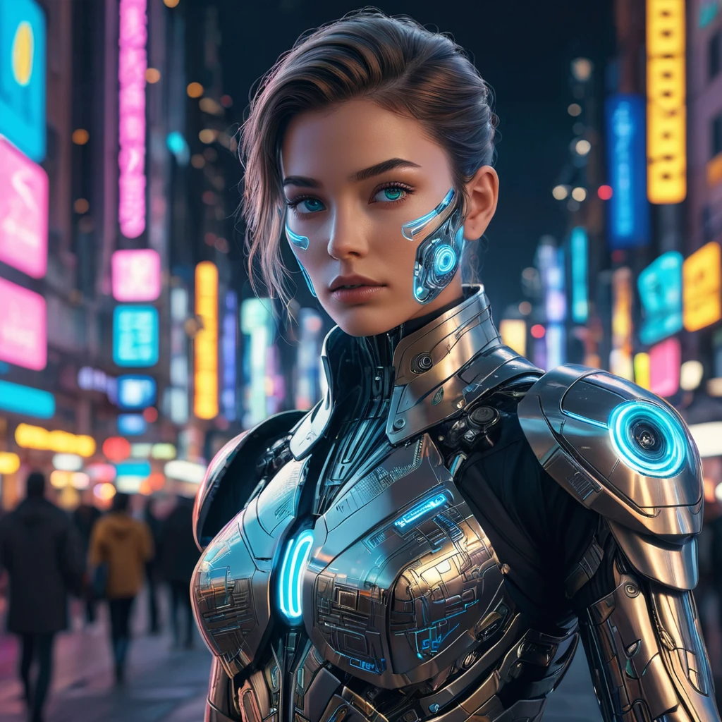 A stoic cyborg warrior, with intricate, glowing circuitry woven beneath their synthetic skin, stands amidst a futuristic cityscape, their augmented eyes reflecting the neon lights and holographic displays.