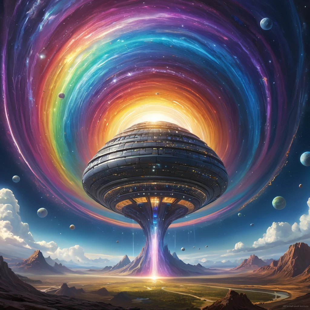 A swarm of thousands of tiny, crystalline, insect-like spacecraft, each emitting a pulsing, rainbow-hued light, forming a swirling vortex around a colossal, planet-sized mothership.