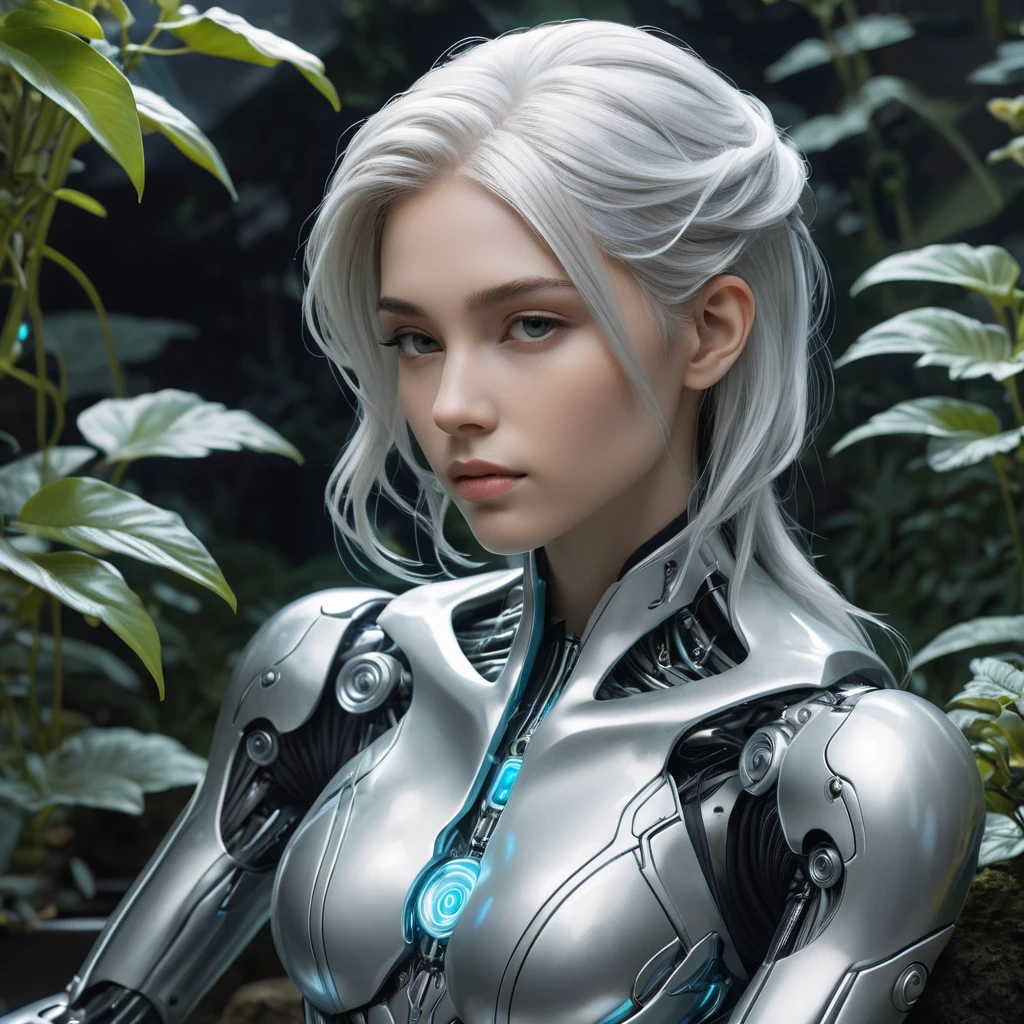 A graceful, androgynous cyborg, with flowing silver hair and opalescent mechanical limbs, sits in a meditative pose within a serene, bioluminescent garden, their body seamlessly blending organic and technological elements.