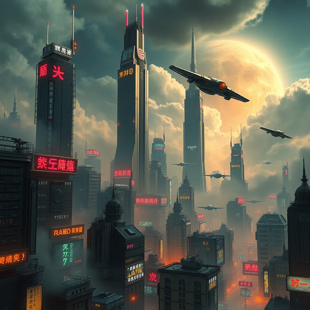 A cyberpunk cityscape on a distant planet, illuminated by neon signs in an alien language, with flying vehicles weaving between towering skyscrapers that pierce the cloudy atmosphere, rendered in a gritty, hyperrealistic style.