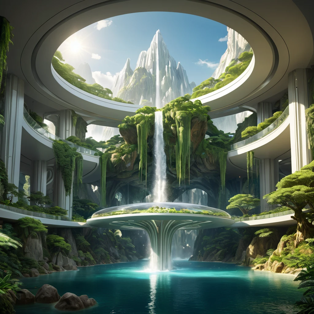 Inside a vast, crystalline dome, a utopian city thrives on a terraformed asteroid, featuring verdant parks, crystalline waterfalls cascading from floating islands, and sleek, white, futuristic architecture, all bathed in the soft, golden light of an artificial sun.