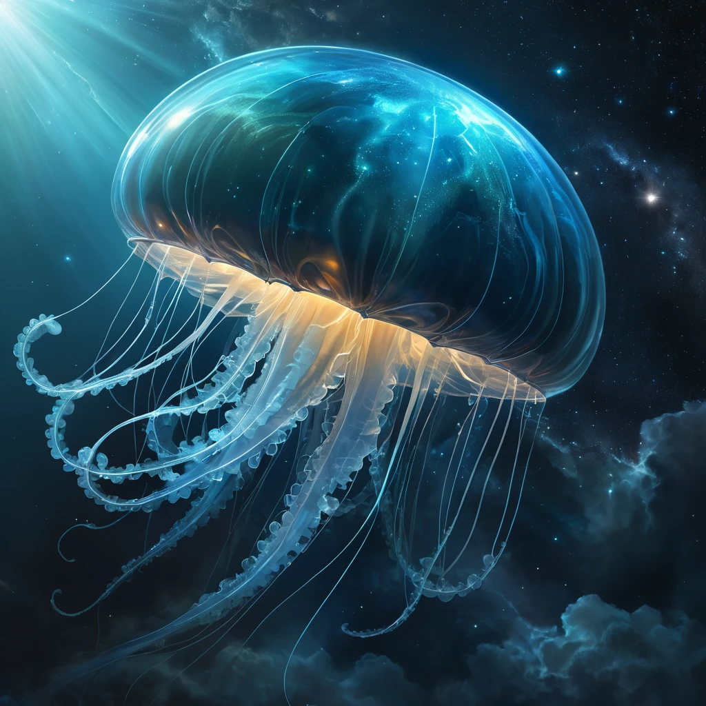 An immense, bioluminescent, jellyfish-like alien spacecraft, its translucent bell shimmering with ethereal light, trailing long, glowing tendrils as it navigates through a swirling nebula.