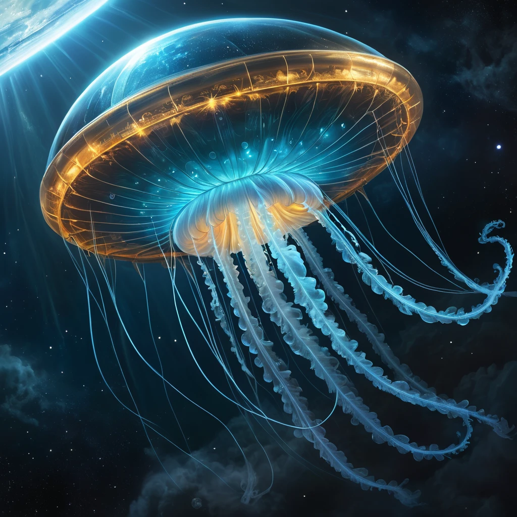 An immense, bioluminescent, jellyfish-like alien spacecraft, its translucent bell shimmering with ethereal light, trailing long, glowing tendrils as it navigates through a swirling nebula.