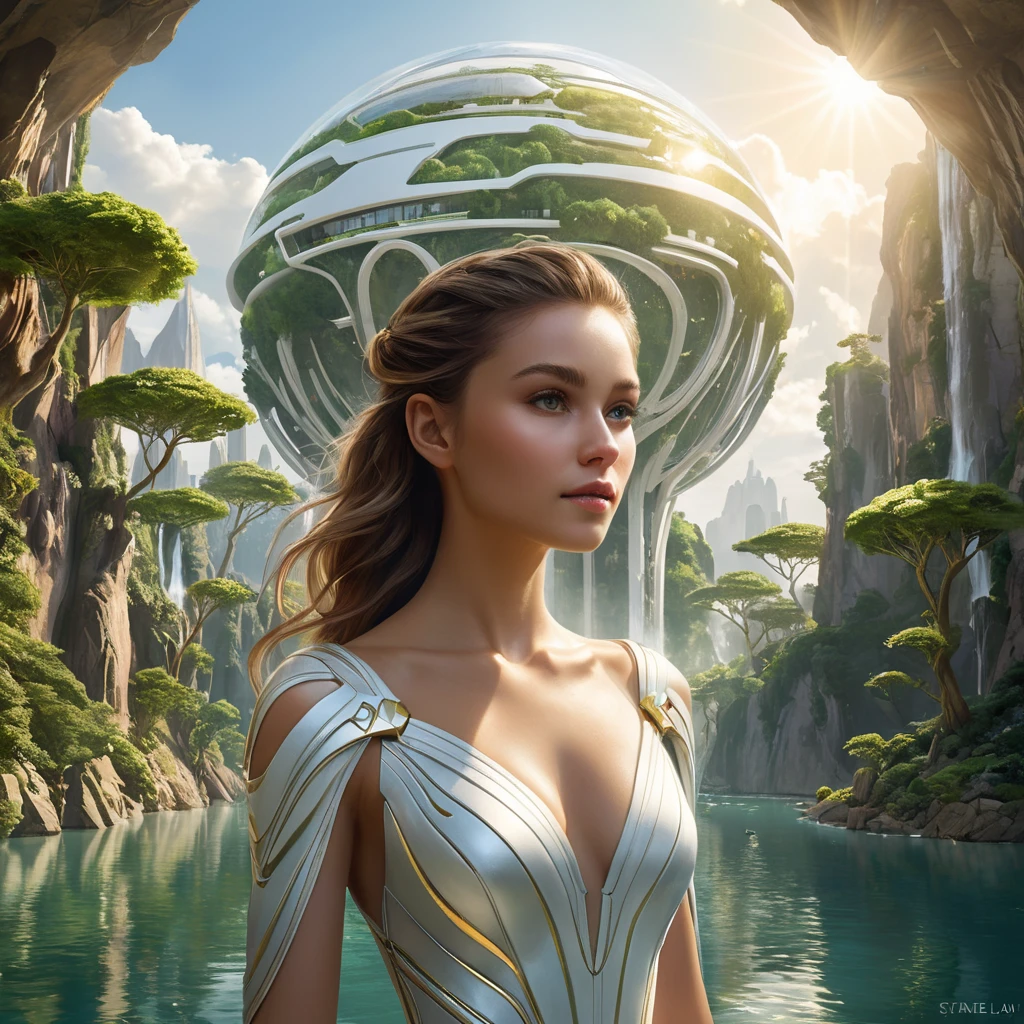 Inside a vast, crystalline dome, a utopian city thrives on a terraformed asteroid, featuring verdant parks, crystalline waterfalls cascading from floating islands, and sleek, white, futuristic architecture, all bathed in the soft, golden light of an artificial sun.