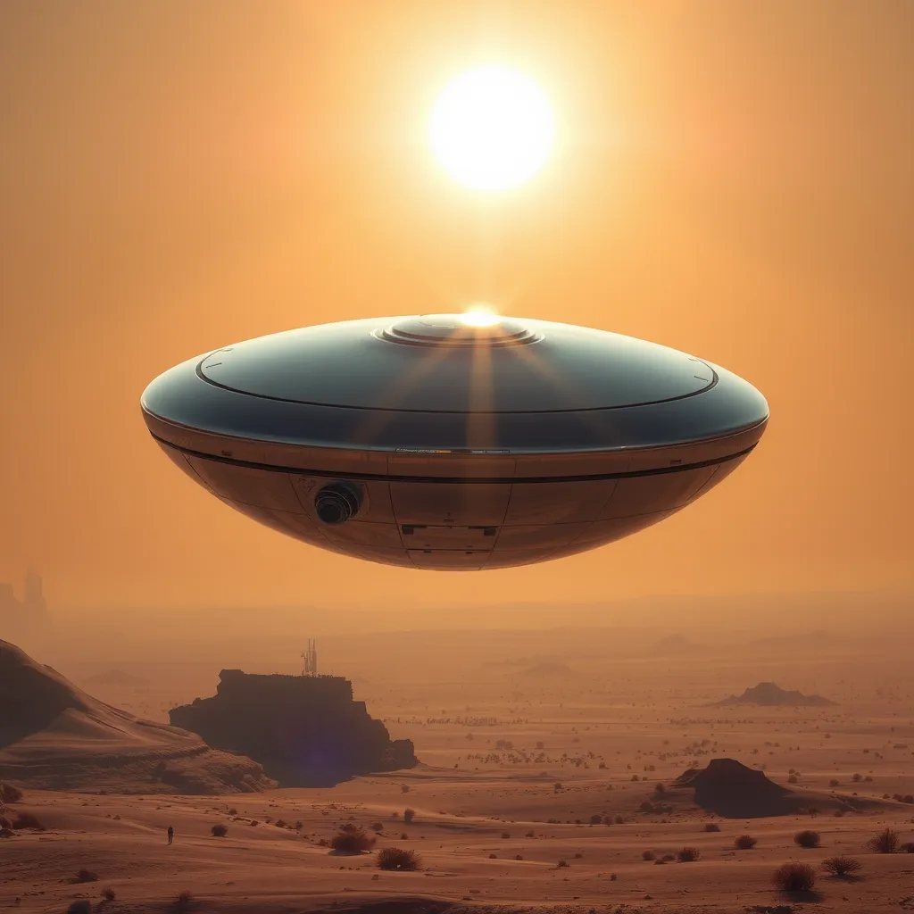 A sleek, chrome, disc-shaped spacecraft of unknown origin, hovering silently over a barren desert landscape, its surface reflecting the setting sun in a blinding flash.