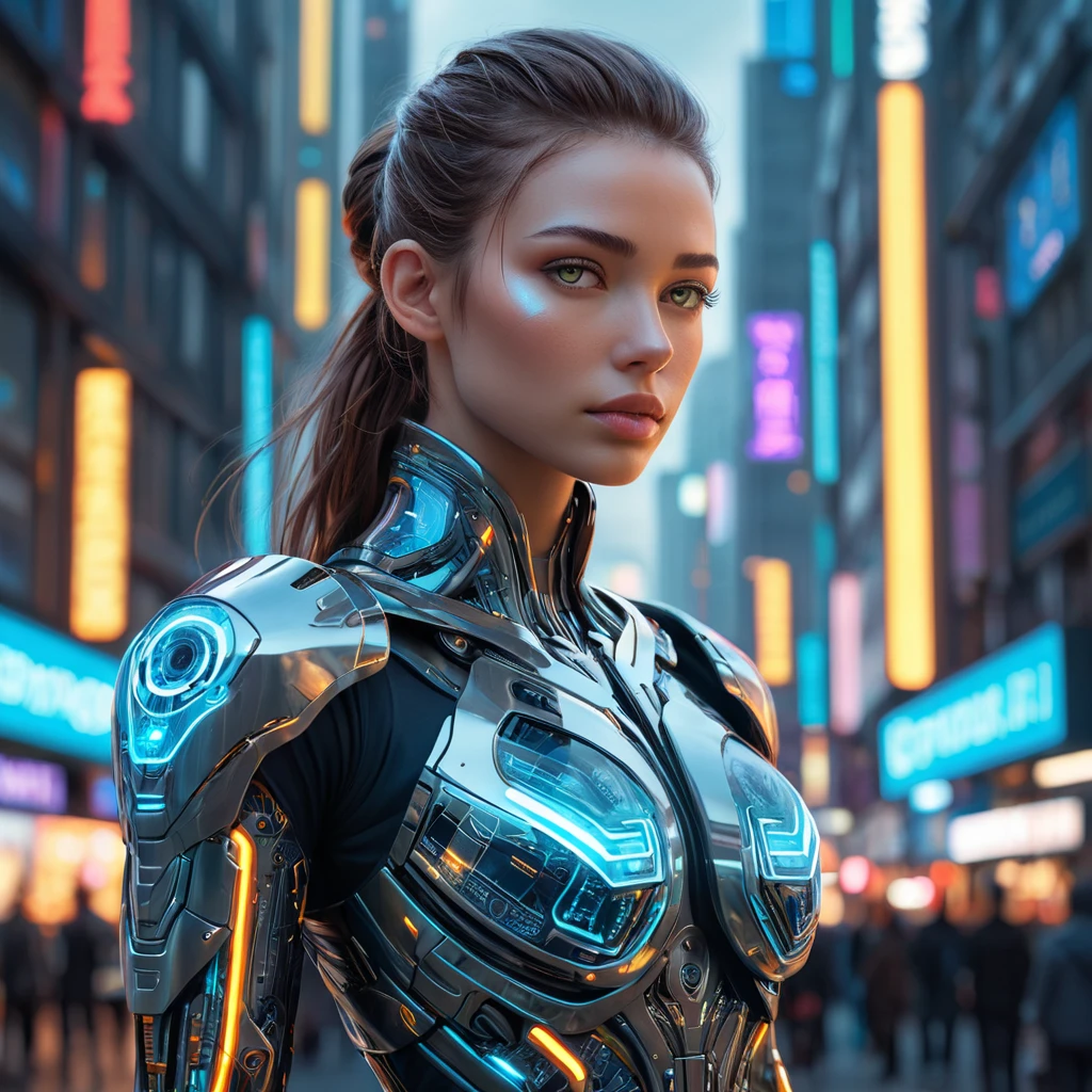 A stoic cyborg warrior, with intricate, glowing circuitry woven beneath their synthetic skin, stands amidst a futuristic cityscape, their augmented eyes reflecting the neon lights and holographic displays.